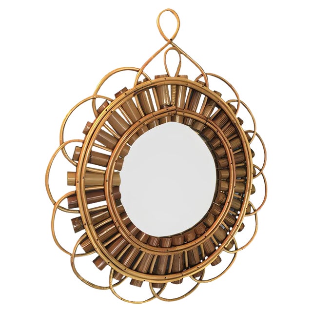 Mid-Century Circular Mirror with Weave Bamboo, 1950s For Sale
