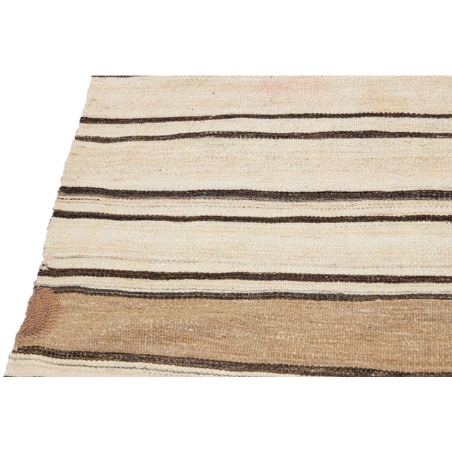 Textile 1960s Vintage Turkish Kilim Flatweave Beige Stripes Wool Rug For Sale - Image 7 of 10