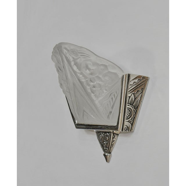 Metal Pair of 1930s French Art Deco Floral Frosted Glass Wall Sconces - 3 Pairs Available For Sale - Image 7 of 10