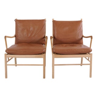 Colonial Armchair Model PJ149 in Oak with Cognac Leather by Ole Wanscher, 1949, Set of 2 For Sale