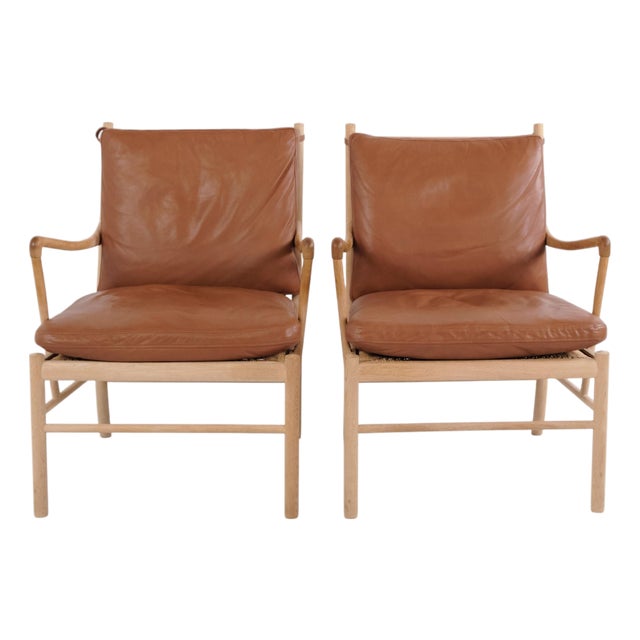 Colonial Armchair Model PJ149 in Oak with Cognac Leather by Ole Wanscher, 1949, Set of 2 For Sale