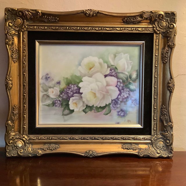 Hand Painted Porcelain Plaque Features White Cabbage Roses & Lavenders by Rose Reck For Sale - Image 13 of 13