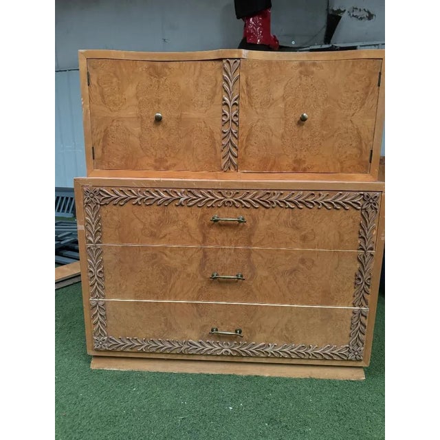 Wood Stunning and Very Rare Hand Carved 1950's Bird's Eye Maple Tall Dresser For Sale - Image 7 of 10