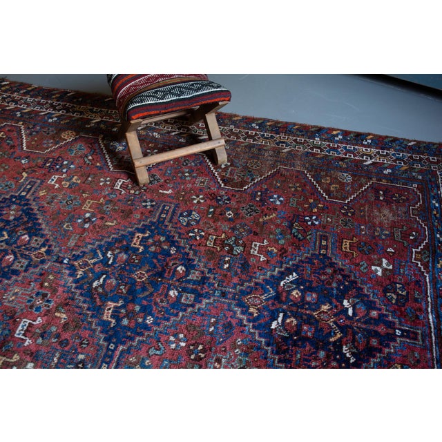 Early 1900s Antique Botanical Figural Tribal Medallion Brick Red Blue Almost Square Rug - 5’10” X 6’10” For Sale - Image 9 of 11