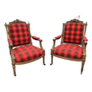 Pair Antique Carved Red Tartan Arm Chairs For Sale
