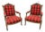 Pair Antique Carved Red Tartan Arm Chairs For Sale