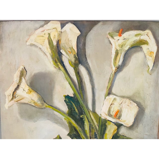 1950s 1950s Helen McClain Ojai California Still Life Calla Lily in Blue Pot Oil on Canvas Panel For Sale - Image 5 of 9