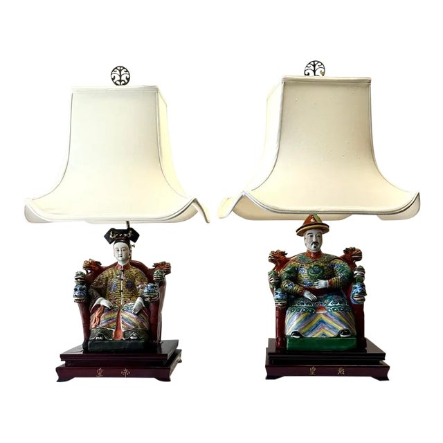 1960s Chinese Emperor & Empress Table Lamps With Shades - a Pair For Sale