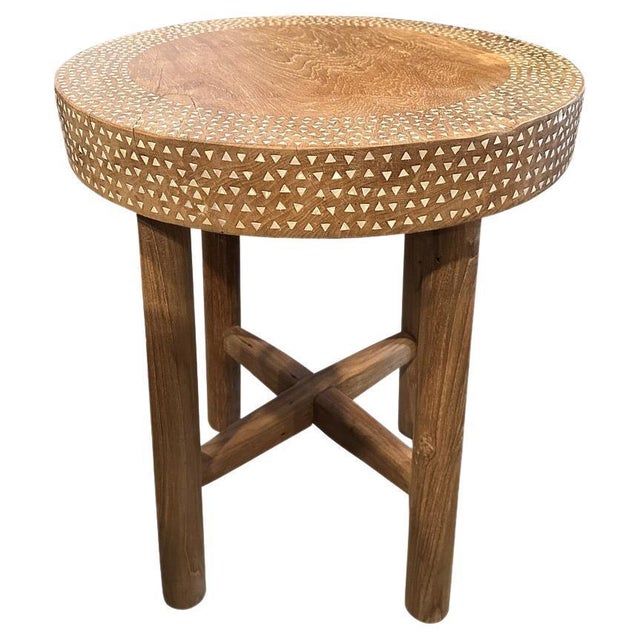 Beautiful shell inlaid side table or pedestal hand made from reclaimed teak wood. Each piece of white shell is carefully...
