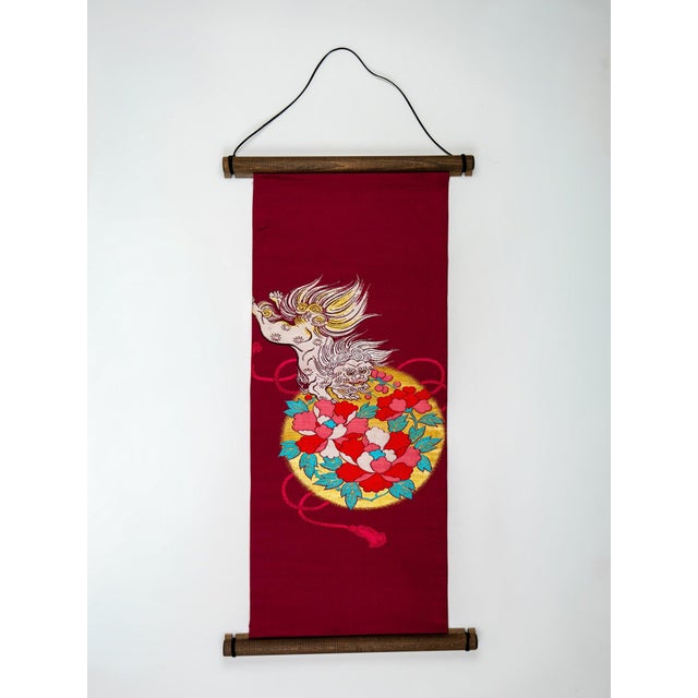 The guardian of the threshold. Painted on crimson silk, once. The Guardian's Dance is mounted from a hand-painted Japanese...