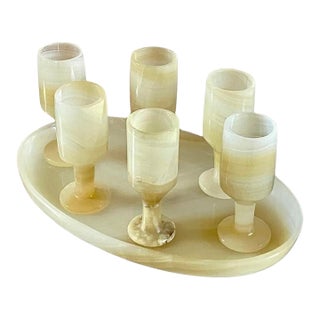 Carved Onyx Stemware + Tray, Set of 7 Pieces For Sale