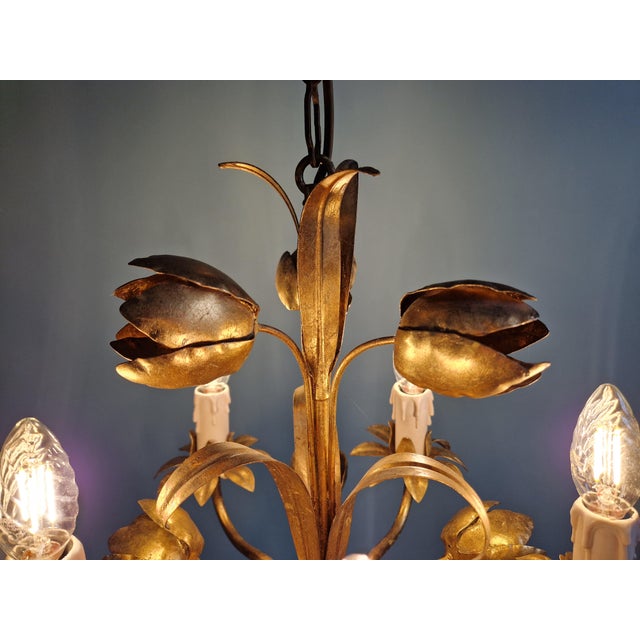 Metal Italian Hollywood Regency Style Floral Chandelier in Gold Metal, 1970s For Sale - Image 7 of 12