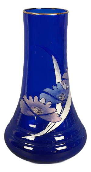Art Nouveau Cobalt Blue Glass Vase with Flowers and Gold, 1970s