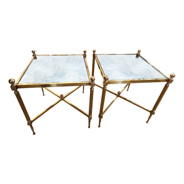 Mid-Century French Low Single Tier Side Tables with Eglomise Glass, 1960s, Set of 2 For Sale
