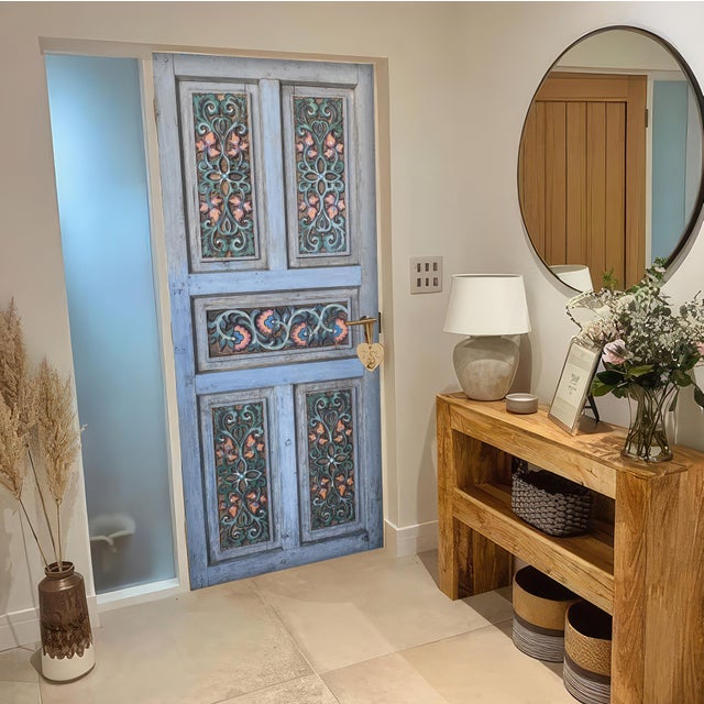 Mediterranean Hand-Carved Door in Distressed Blue With Ornate Floral Panels Custom Size Interior/Exterior For Sale - Image 9 of 18