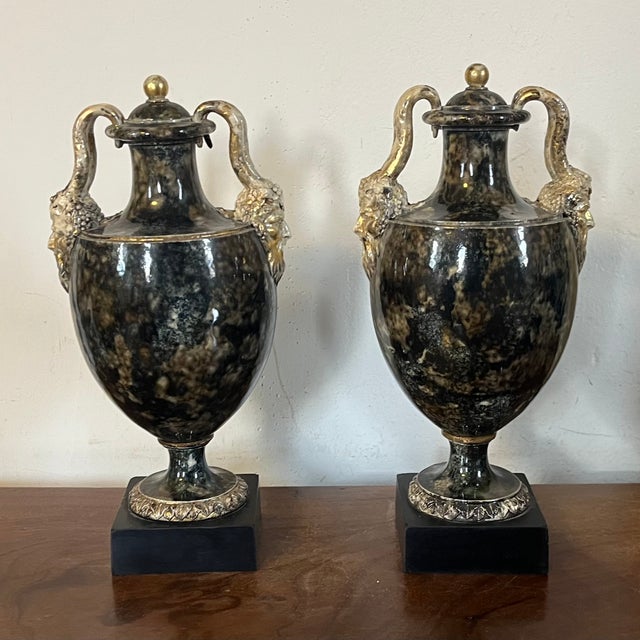 Antique 18th Century George III Wedgwood & Bentley Creamware Urns or Mantel Vases With Faux Stone Glaze & Satyr Mask Handles Circa 1780 - A Pair For Sale - Image 12 of 18