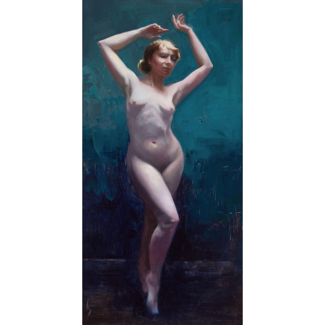 Light Waves by Kirsten Savage | Oil on panel Nude figure posing against a blue background. For Sale