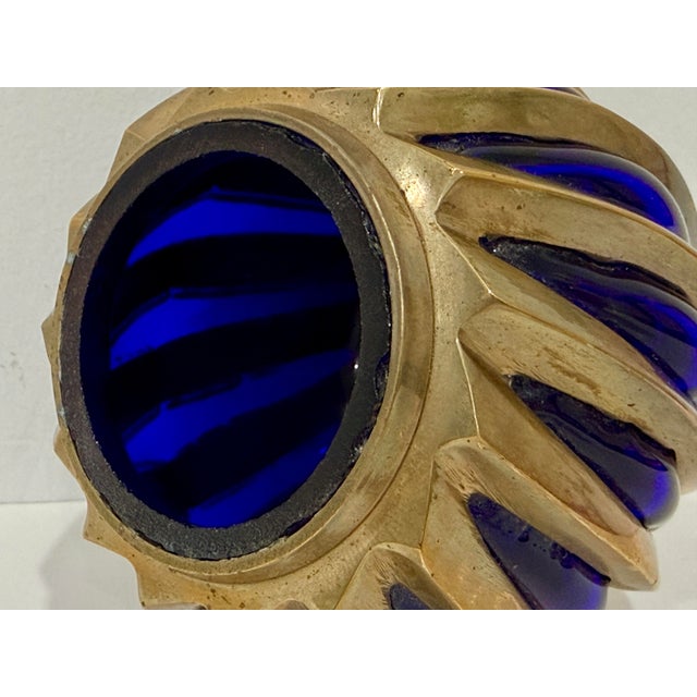 Brutalist Brass Caged Cobalt Glass Twisted Swirl Tea Light Holder MCM Vintage For Sale - Image 4 of 6