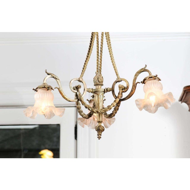 19th Century French Louis XVI Style 19th Century Bronze Three-Light Chandelier with Torch For Sale - Image 4 of 11