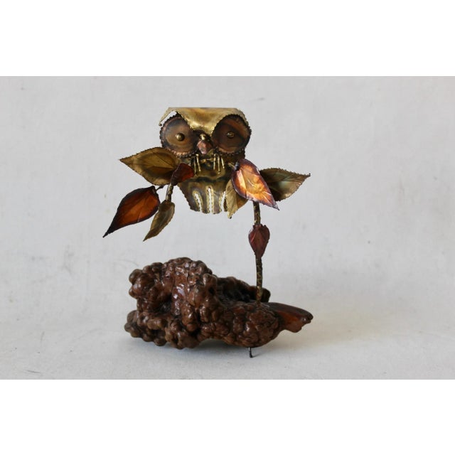 Mid-Century Modern Mid-Century Modern Brutalist Metal Owl Burl Wood Base Sculpture in the Style of Curtis Jere For Sale - Image 3 of 9