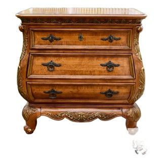 Legacy Carved Pine Chest Bombe French Provincial 3 Drawer Bachelors Chest W/Gold For Sale