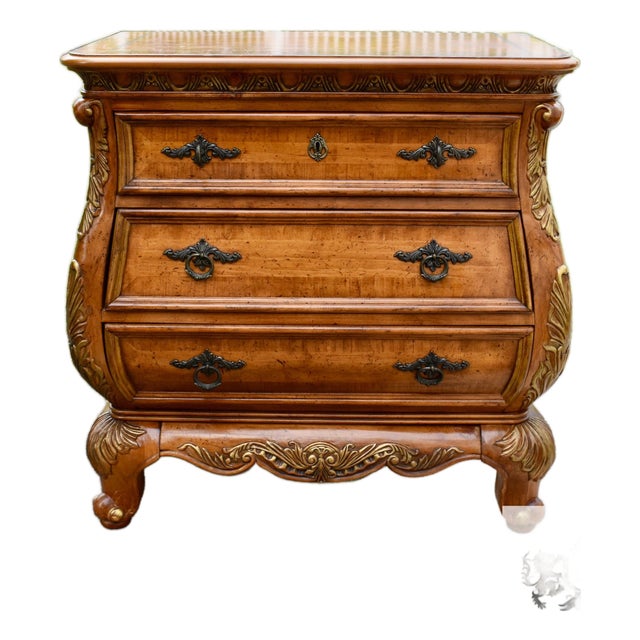 Legacy Carved Pine Chest Bombe French Provincial 3 Drawer Bachelors Chest W/Gold For Sale