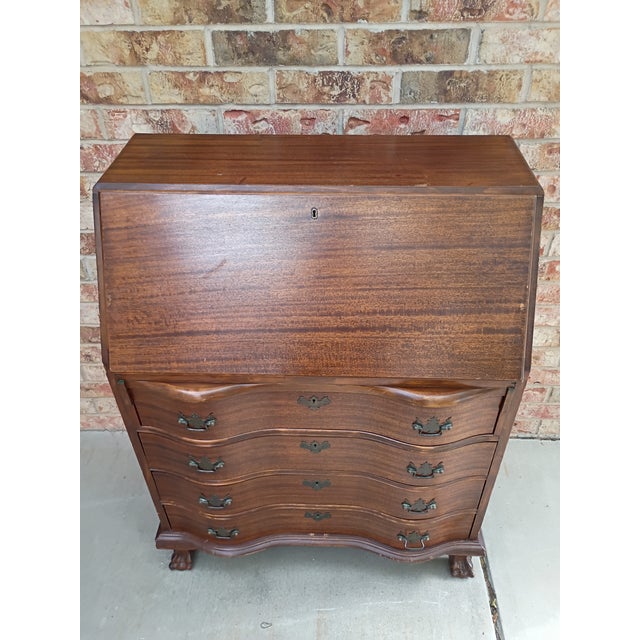 Vintage Chippendale-Style Mahogany Slant Front Secretary Desk With Claw Feet and Hidden Compartments For Sale - Image 13 of 15