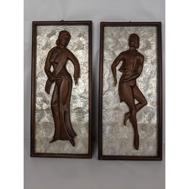 Pair Mid-Century Modern Hand-Carved Wood Figural Relief Wall Panels on Shimmering Capiz Shell Grounds For Sale - Image 10 of 18