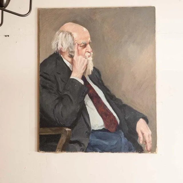 Mid-Century Modern Pensive Elderly Man Portrait Oil Painting For Sale - Image 3 of 11