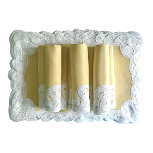 Vintage Yellow and Battenberg Lace Placemats, Napkins and Runner, S/23