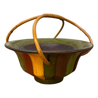 Brown, Green & Yellow Polychrome Basket with Rattan Handle For Sale