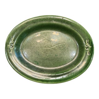 Vintage Large Green Platter Majolica Style With Embossed Fish Jumping for Hook For Sale