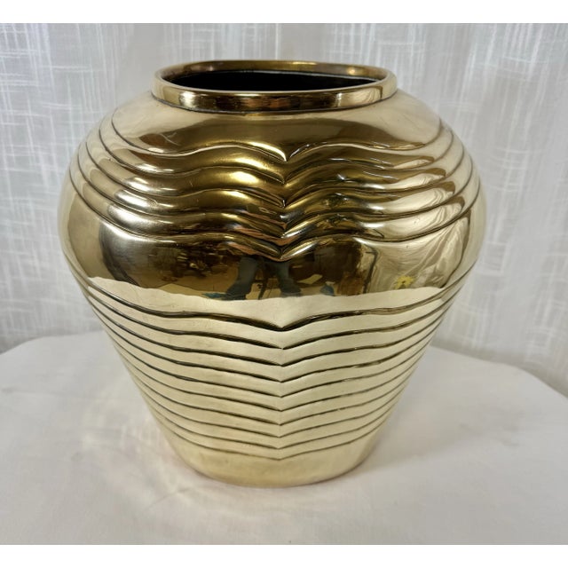 Dolbi Cashier Vintage Art Deco Style Embossed Polished Brass Vase For Sale - Image 4 of 8