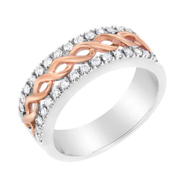 Contemporary 10K White and Rose Gold 1/3 Cttw Diamond Split Shank and Infinity Ribbon Band Ring (I-J Color, I1-I2 Clarity) - Size 8 For Sale - Image 3 of 7