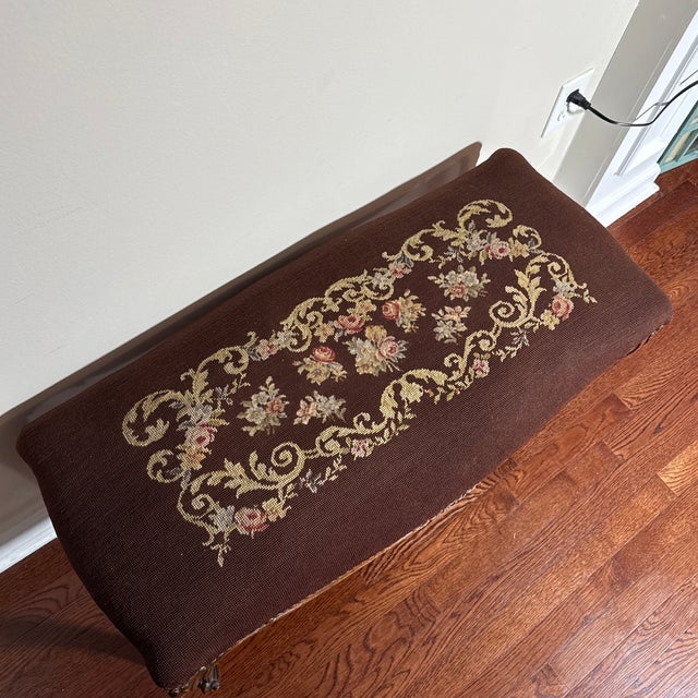 1960s Antique French Louis XV Style Carved Walnut Needlepoint Bench Stool Vanity Ottoman For Sale - Image 5 of 9