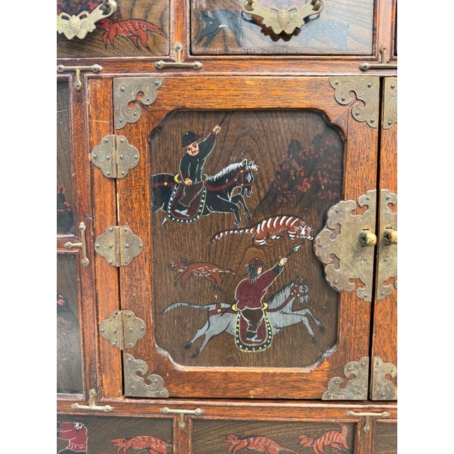 Vintage Korean Scholar's Cabinet With Hand-Painted Hunting Scenes For Sale In Los Angeles - Image 6 of 16