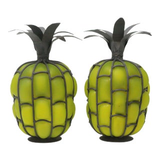 Blown Glass and Metal Pineapple Lanterns / Candle Holders - a Pair For Sale