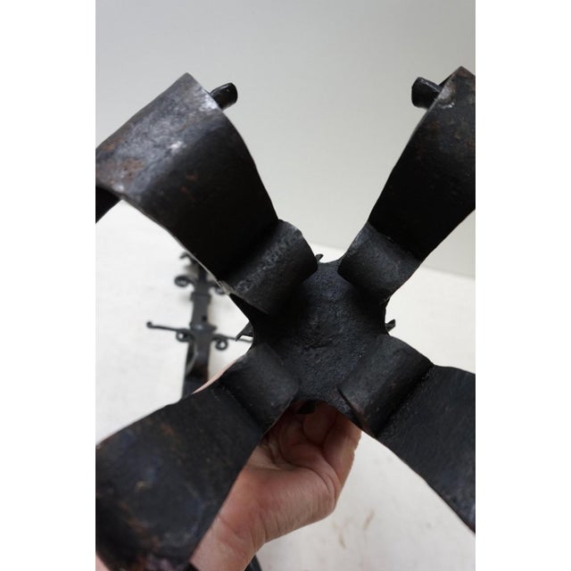 Amsterdamse School Dutch Art Deco Iron Andirons with Cross Bar, 1920s, Set of 3 For Sale - Image 14 of 15