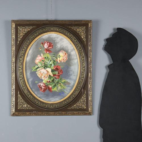 Mixed technique on paper. Initials AS at lower right. A bouquet of roses stands out against a blue background. The...