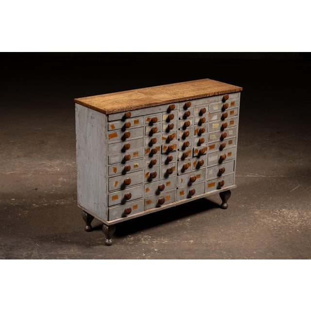 Industrial Antique 45-Drawer Industrial Hardware Cabinet on Cast Iron Legs For Sale - Image 3 of 16