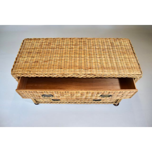 Mid-Century Modern 1950s Vintage Coastal Braided Woven Rattan Chest of Drawers With Walnut Bun Feet For Sale - Image 3 of 12