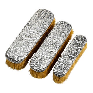 Beautiful Gorham Antique Victorian Floral Repoussé Sterling Silver Vanity Dresser Brushes For Sale