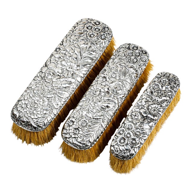 Beautiful Gorham Antique Victorian Floral Repoussé Sterling Silver Vanity Dresser Brushes For Sale