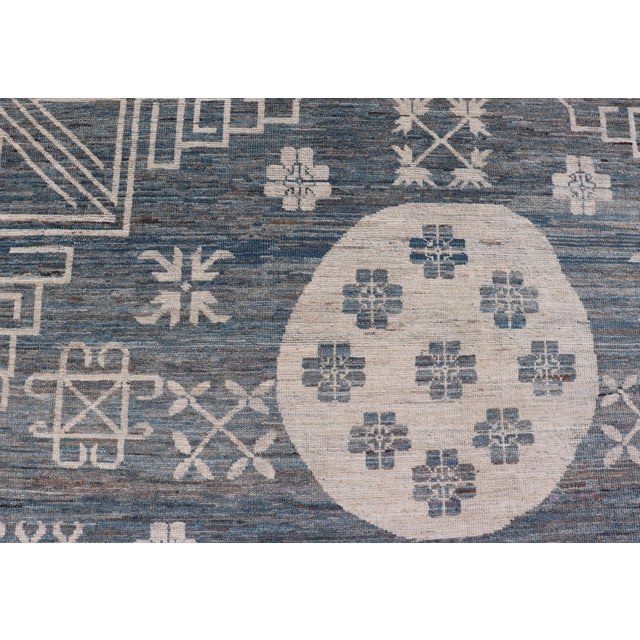 Textile Modern Khotan Rug With Circular Medallions in Shades of Steel Blue & Off White 10'6 X 16'3 For Sale - Image 7 of 11