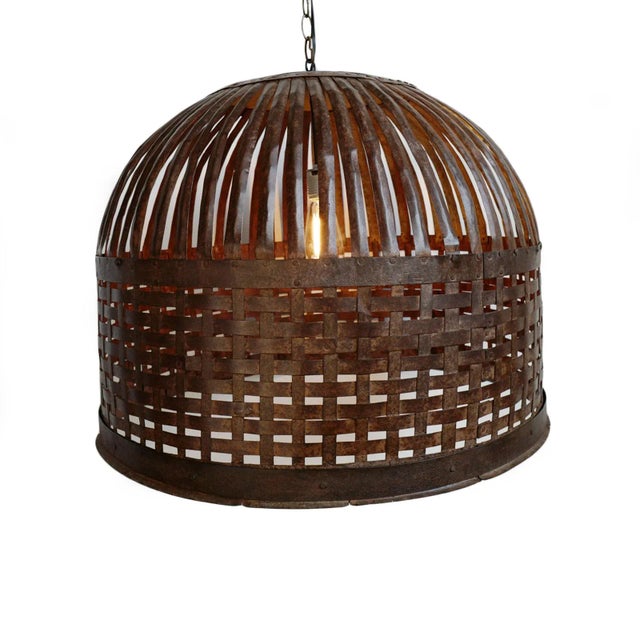 Original vintage iron basket cage, repurposed into unique industrial farm style lighting fixture. Beautiful aged and...
