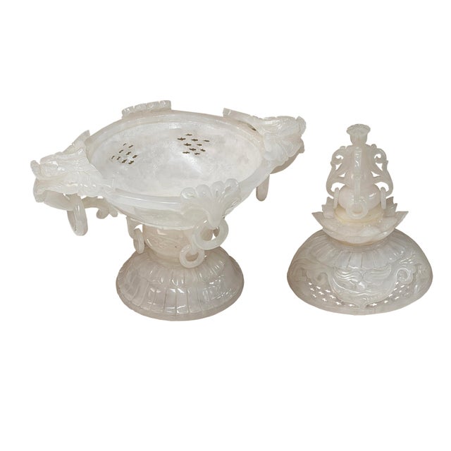 Asian Dragon Relief Carving White Stone Incense Holder Lidded Urn Ceremonial Vessel For Sale - Image 10 of 18