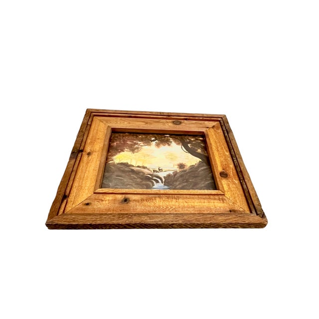 Charming vintage Texas folk art landscape depicting a tranquil wooded scene with a cascading stream, distant meadow, and...