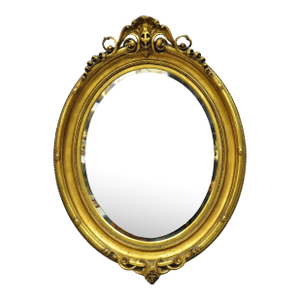 Antique French Victorian Gold Gilt Scroll Oval Beveled Glass Wall Mirror