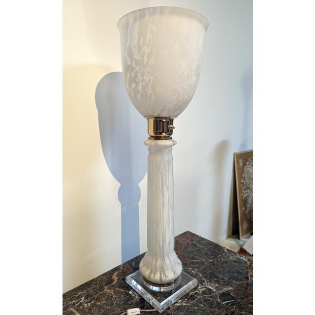 Mazda Translucent White Light Up French Art Deco Table Lamp by Mazda For Sale - Image 4 of 9