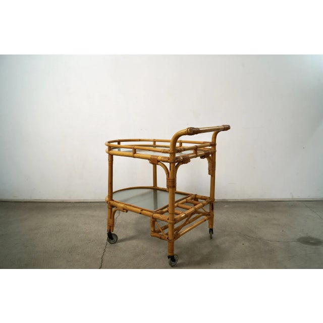 Wood 1960’s Mid-Century Modern Rattan & Glass Bar Cart For Sale - Image 7 of 12
